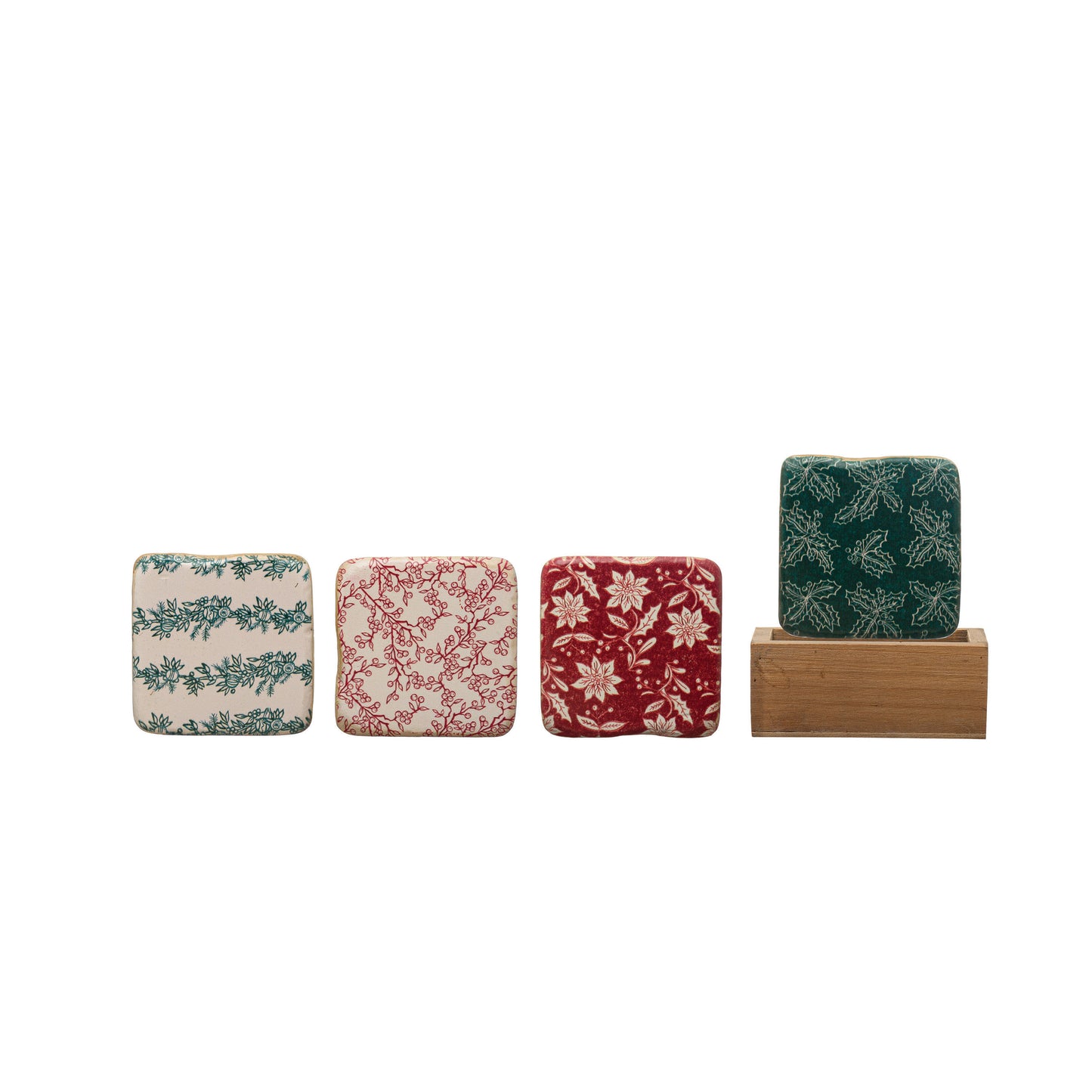 Resin Coasters in Wood Box | Set of 4 | Green and Red Berry Pattern