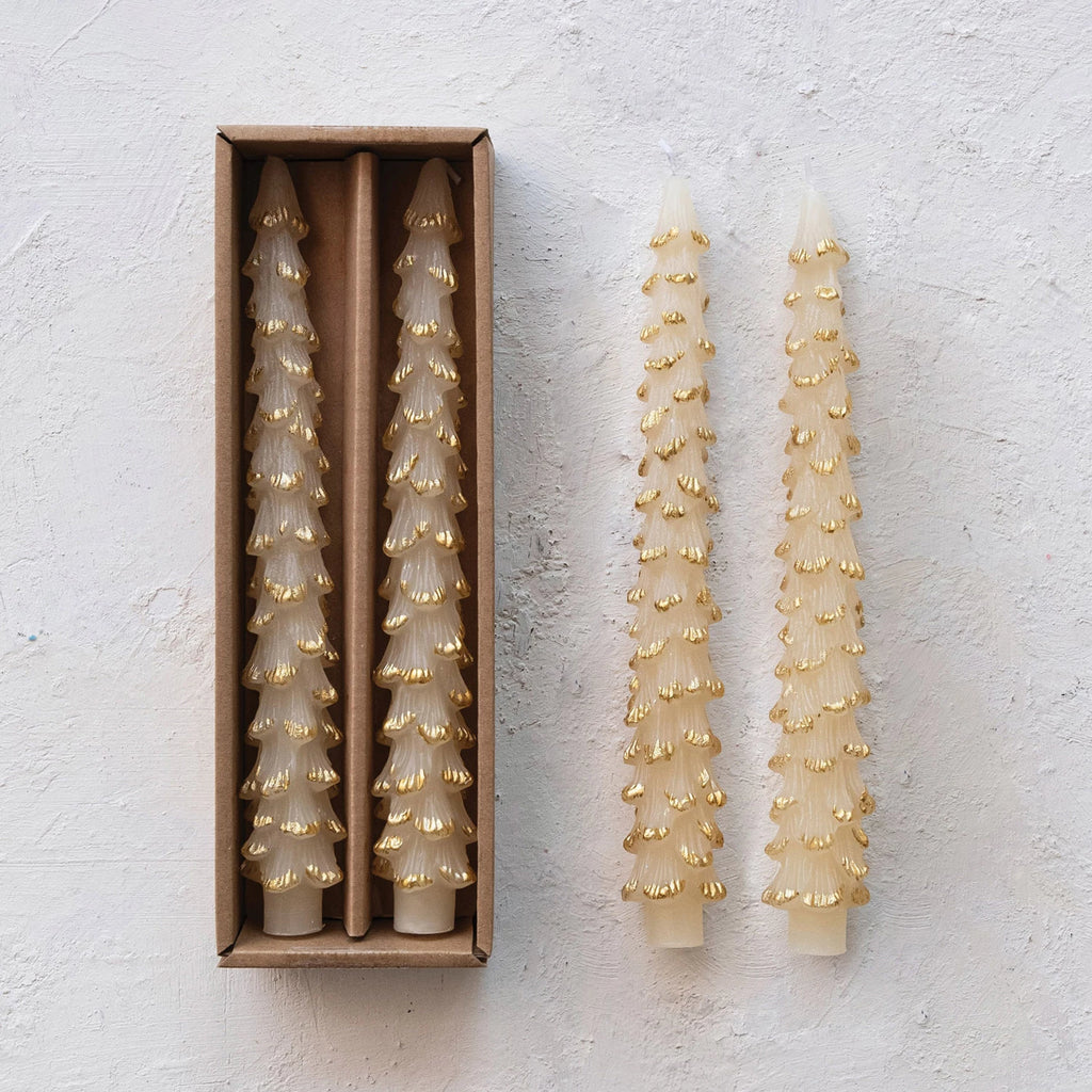 Unscented Tree Shaped Taper Candes Eggnog Color with Gold tips- Set of 2