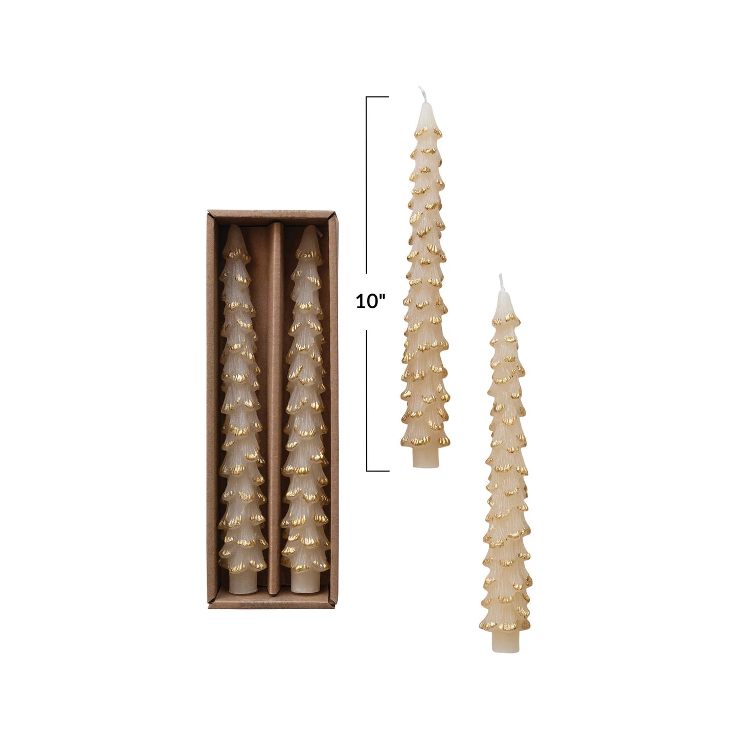 Unscented Tree Shaped Taper Candes Eggnog Color with Gold tips- Set of 2