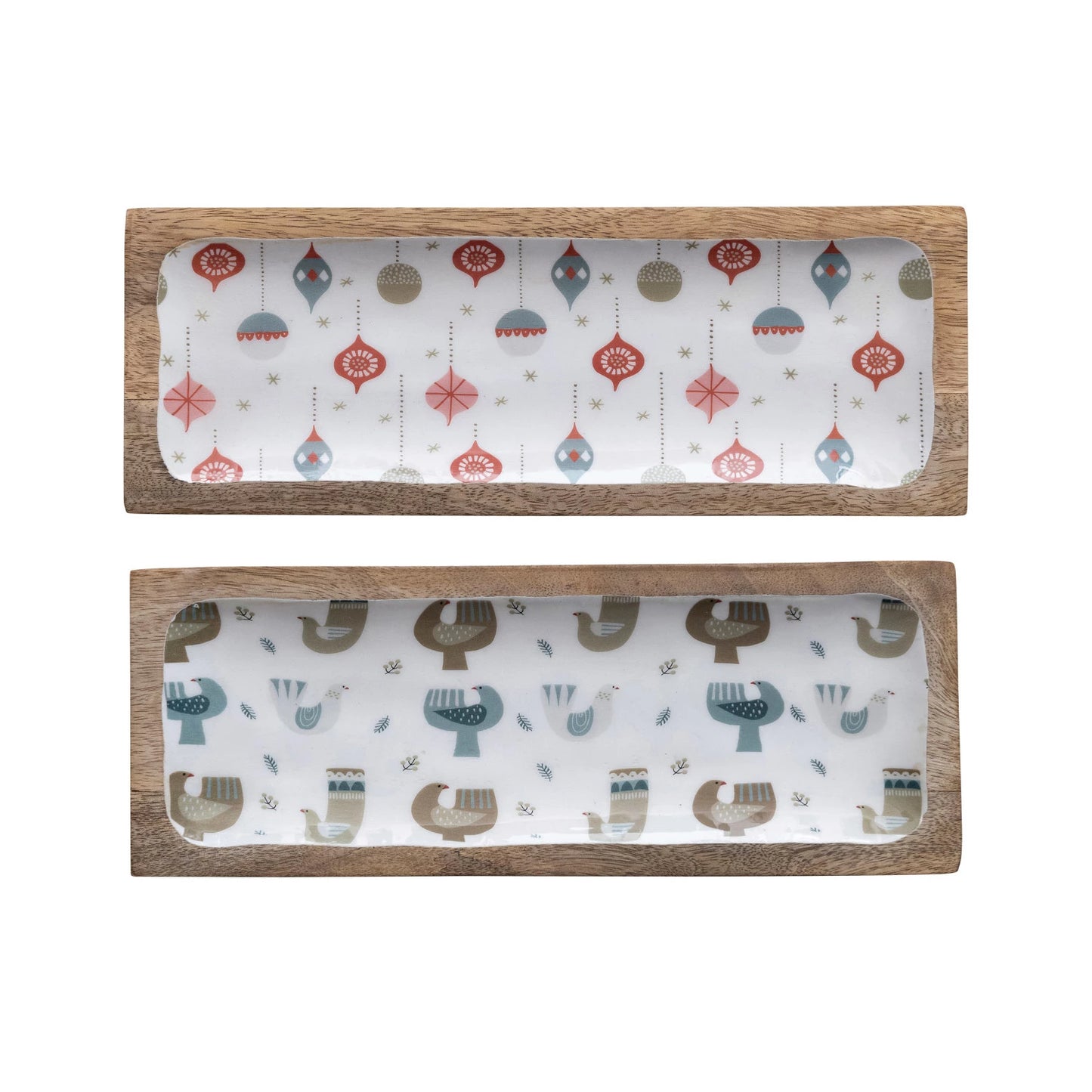SET/2 Enameled Mango Wood Tray w/ Dove/Ornament Pattern