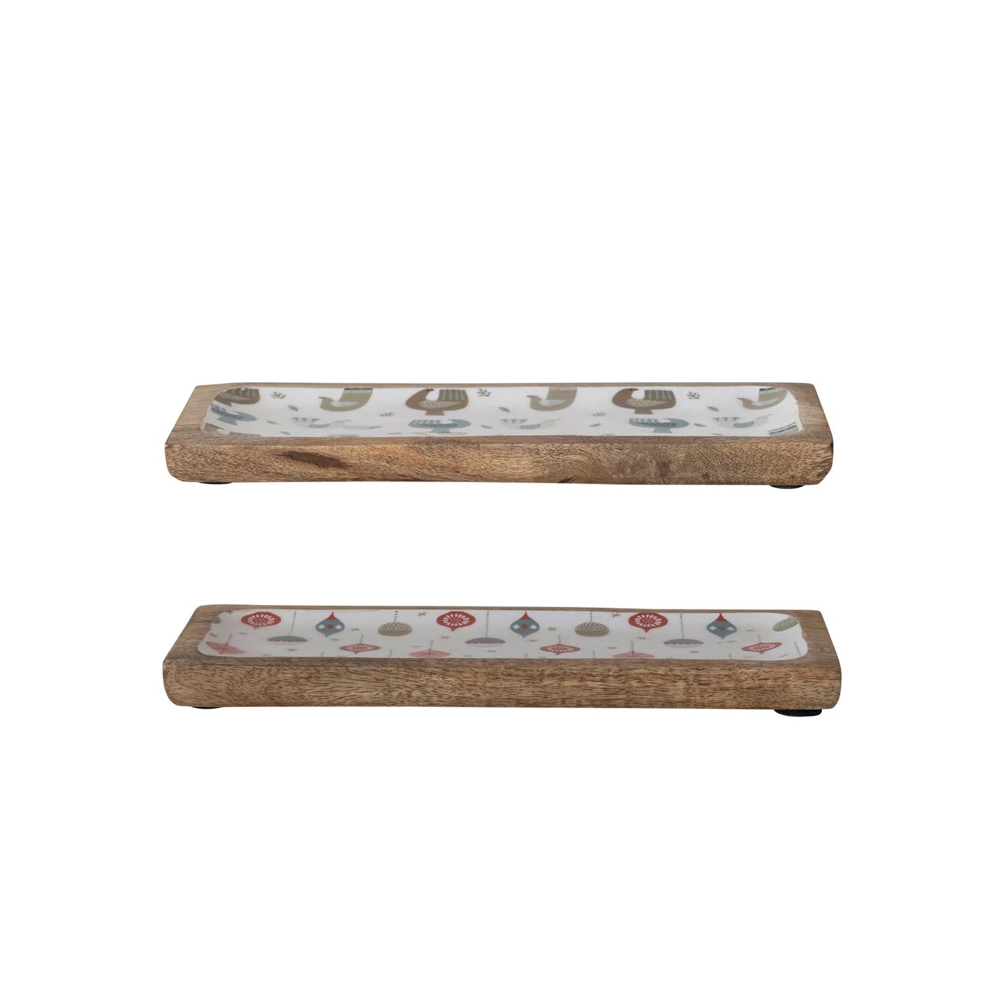 SET/2 Enameled Mango Wood Tray w/ Dove/Ornament Pattern