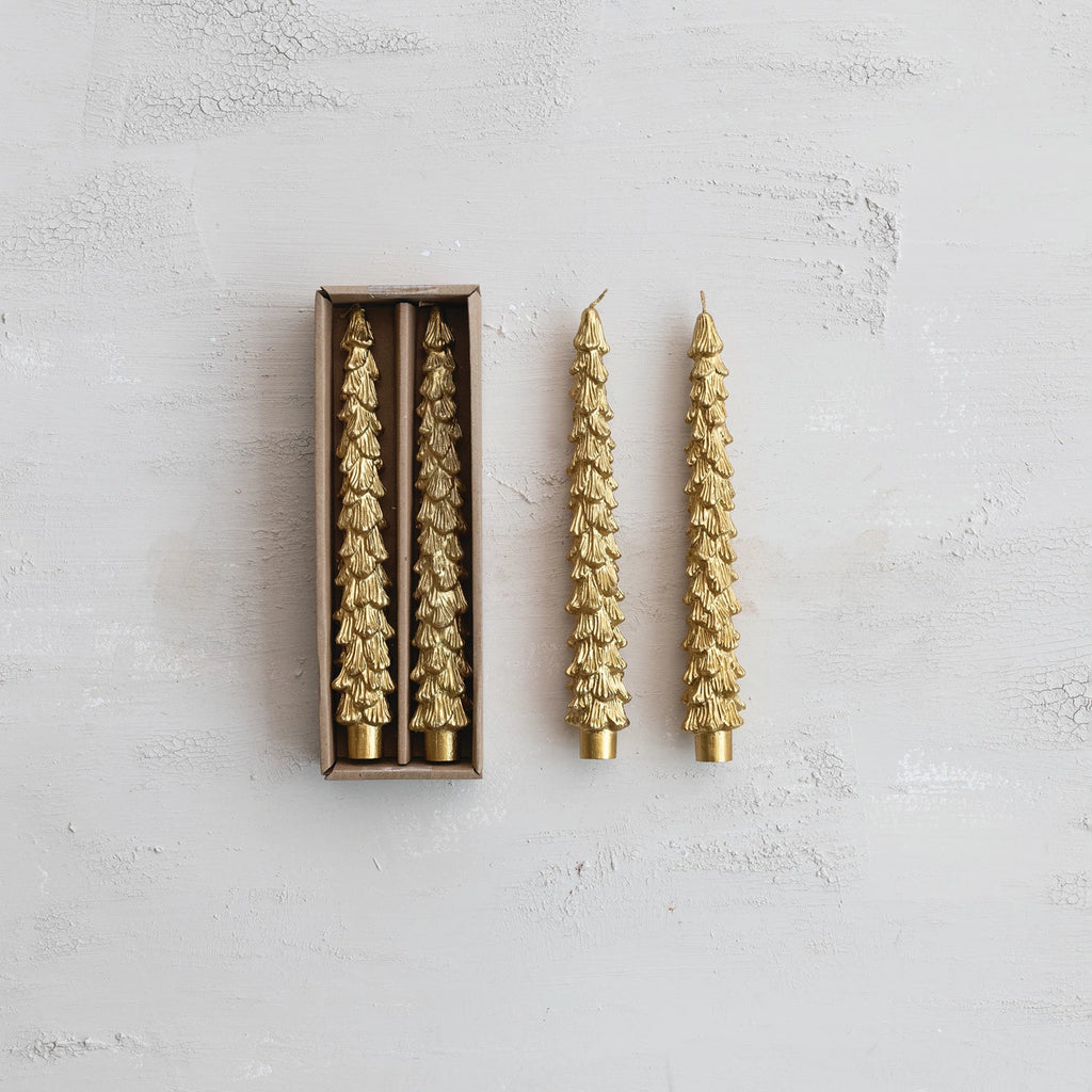 Unscented Gold Tree Shaped Taper Candles in Box, Set of 2