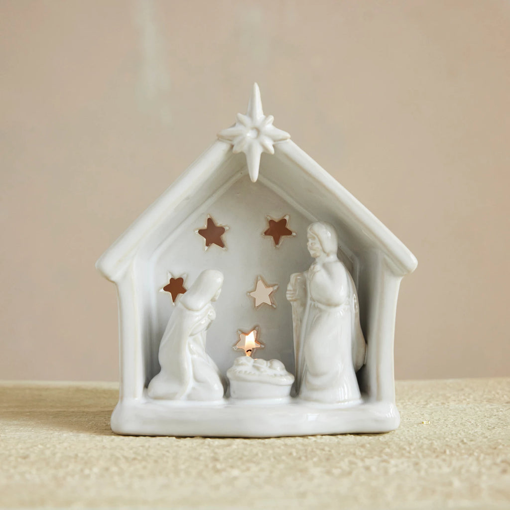 Stoneware Holy Family Tealight Holder with Star Cut-Outs, White