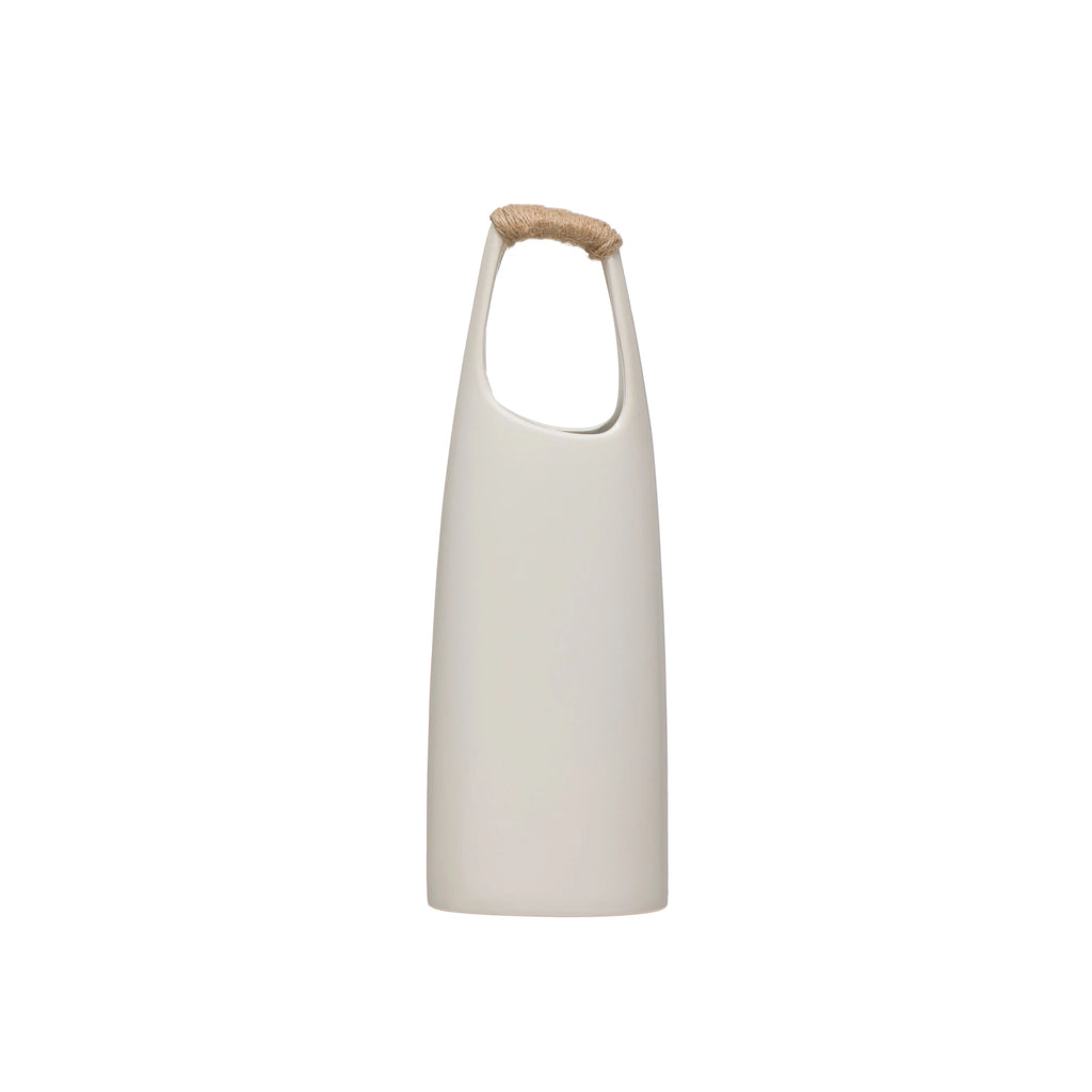 Stoneware Vase with Rattan Wrapped Handle | White