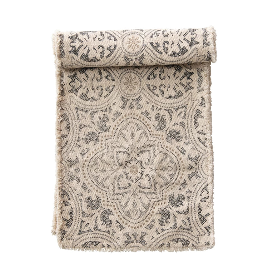 Cotton Printed Table Runner w/ Frayed Edge | Grey & Cream