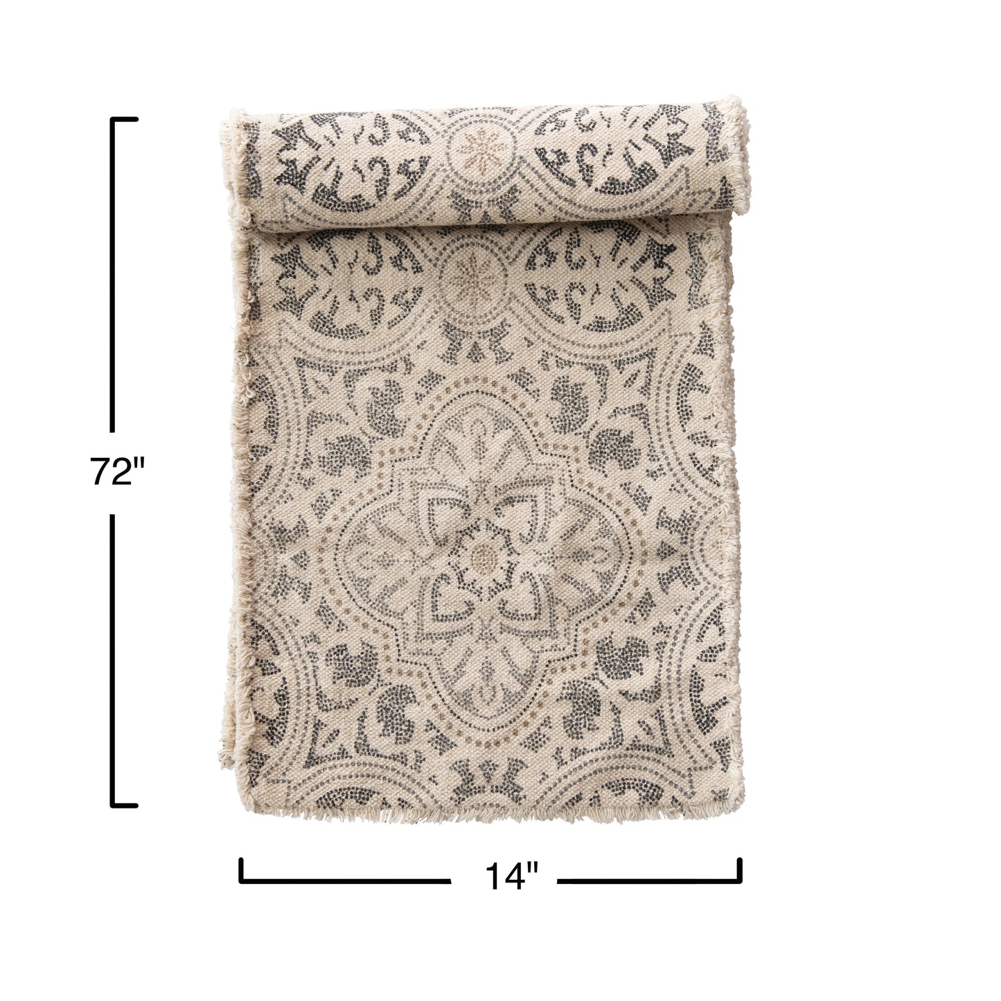 Cotton Printed Table Runner w/ Frayed Edge | Grey & Cream