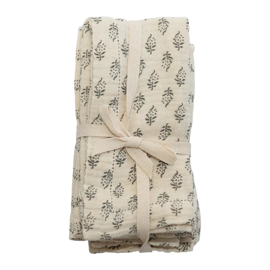 Cloth Napkins w/ Printed Floral Pattern | Set of 4 | Charcoal & Cream